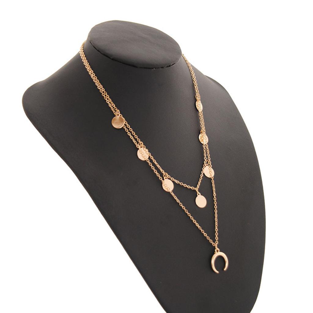 Moon Pendant Mini Disc Choker Chain Double Layer Clavicle Necklace Golden