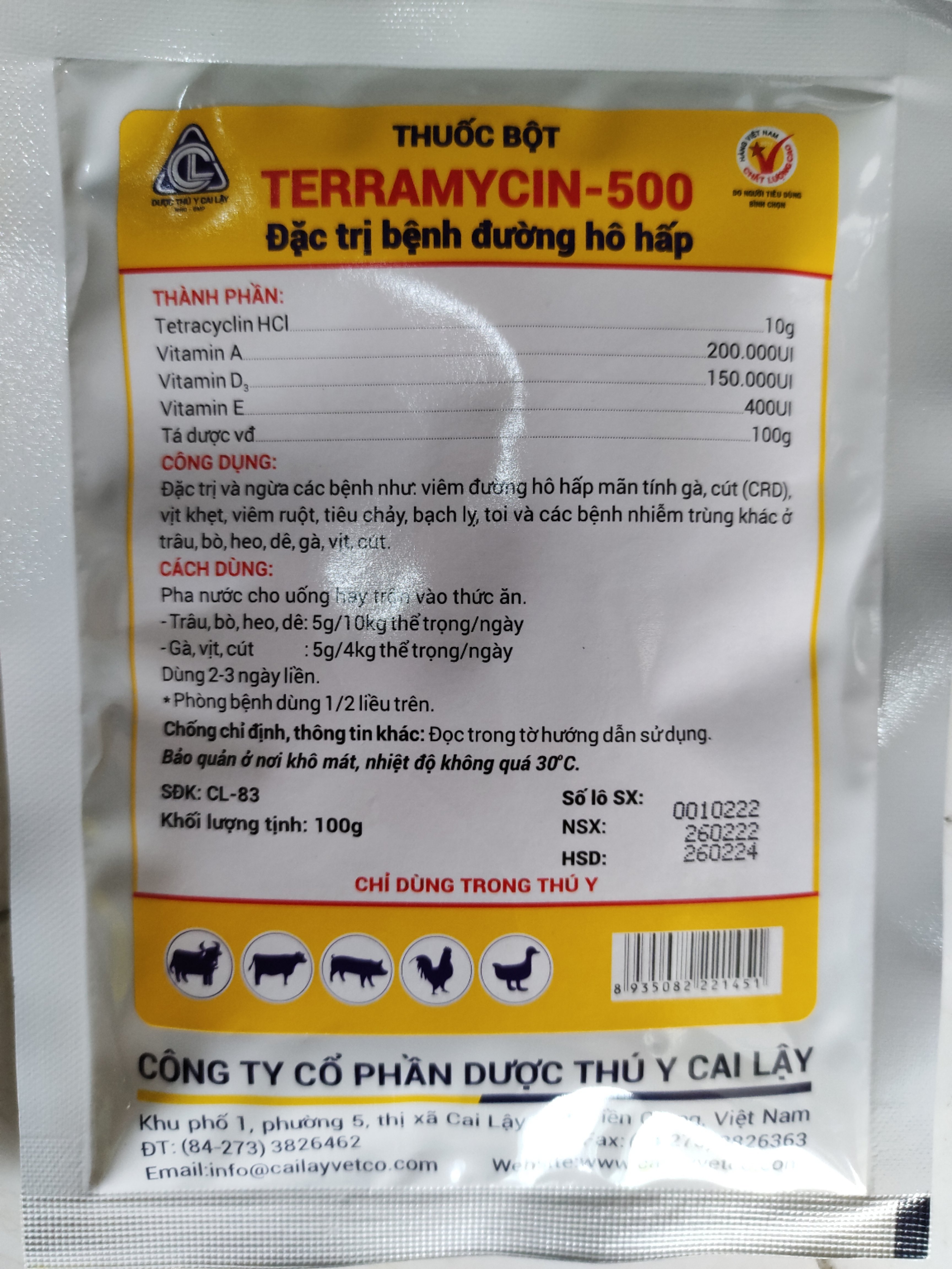 Thuốc bột TERAMYCIN-500 100g đ.ặc t.rị bệnh đường hô hấp