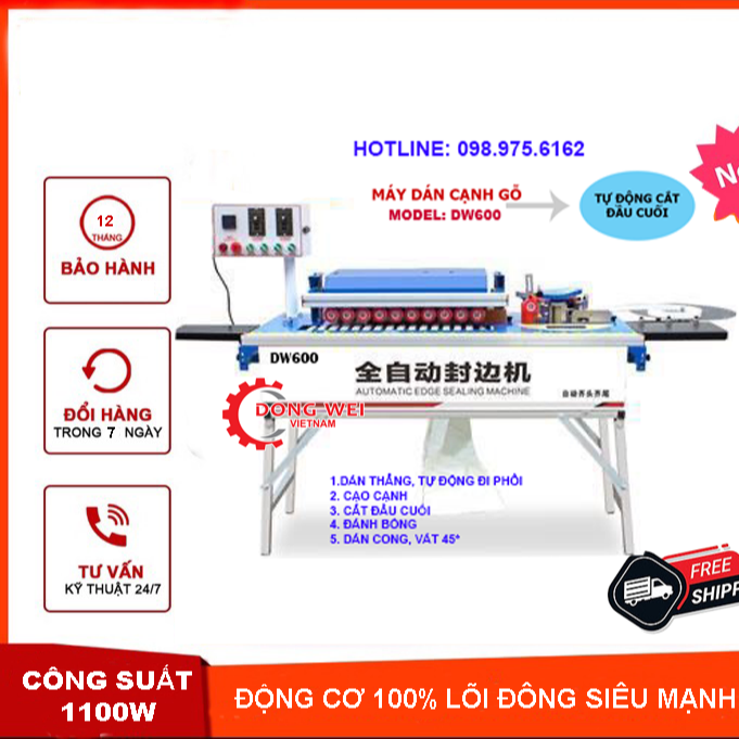 Máy dán cạnh 5 chức năng DW600 tự động cắt xát chỉ