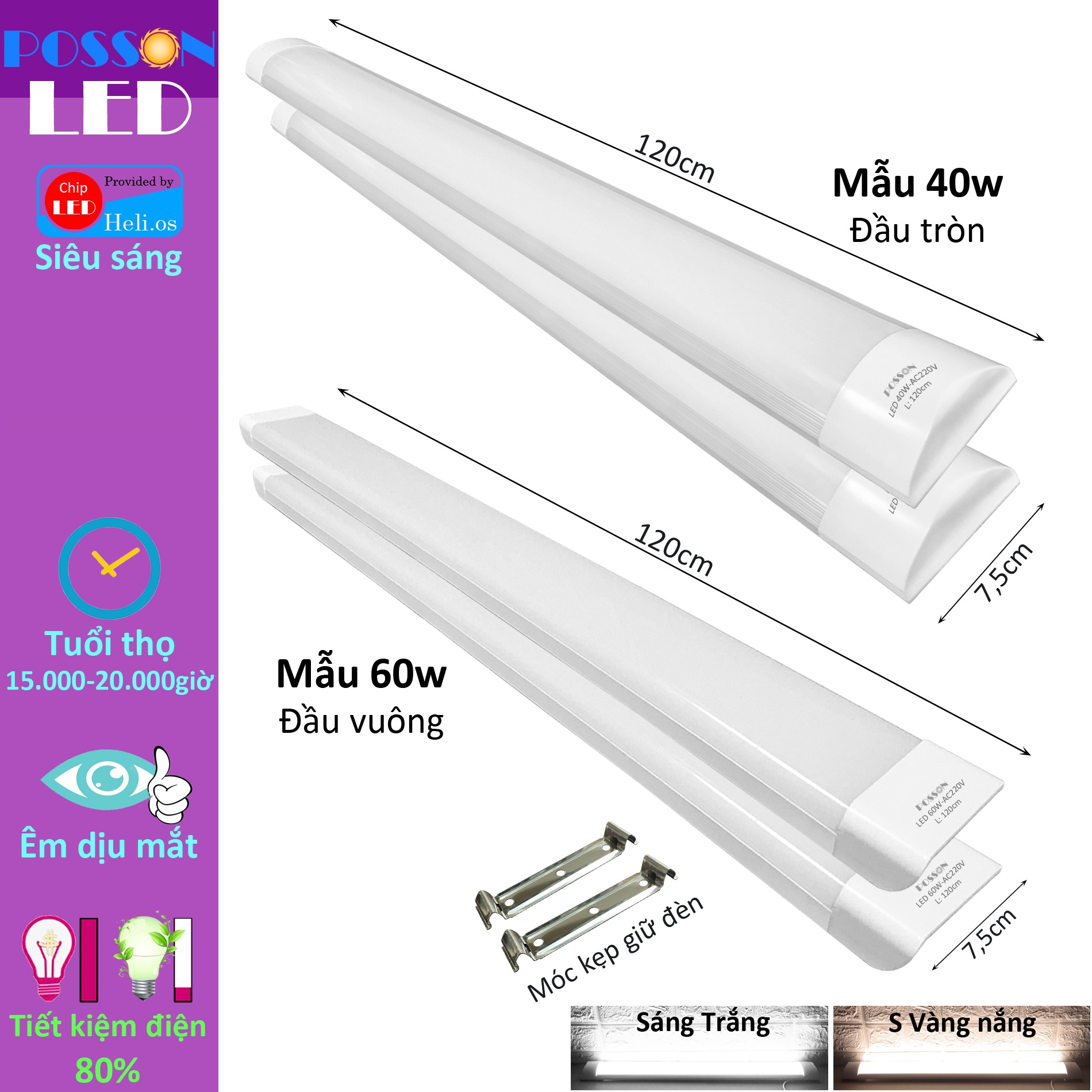 2 Đèn Led bán nguyệt 1m2 36w 40w 60w tuyp Led 1,2m siêu sáng tiết kiệm điện Posson LTC120-xx