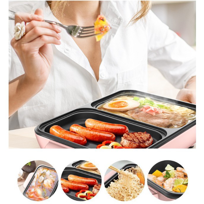 Bếp điện lẩu nướng 2 ngăn mini chính hãng Shanban Electric Baking Tray, Nồi lẩu + nướng đa năng, nồi lẩu điện 2in1 - Hàng nhập khẩu