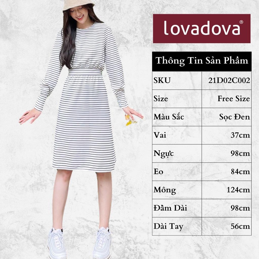 Đầm Dáng Xòe, Cách Điệu Nhún Eo, Cổ Tay Cài Núc, Màu Sọc Đen - Lovadova 21D02C002