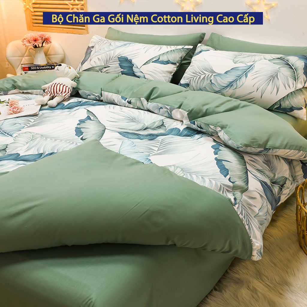 Bộ Chăn Ga Gối Nệm Đệm 5 Món Cotton Living Cao Cấp Chuẩn Khách Sạn 5 Sao Chăn Drap Ra Ga Gối Nệm Trải Giường 5 Món Xuất Nhật Cao Cấp