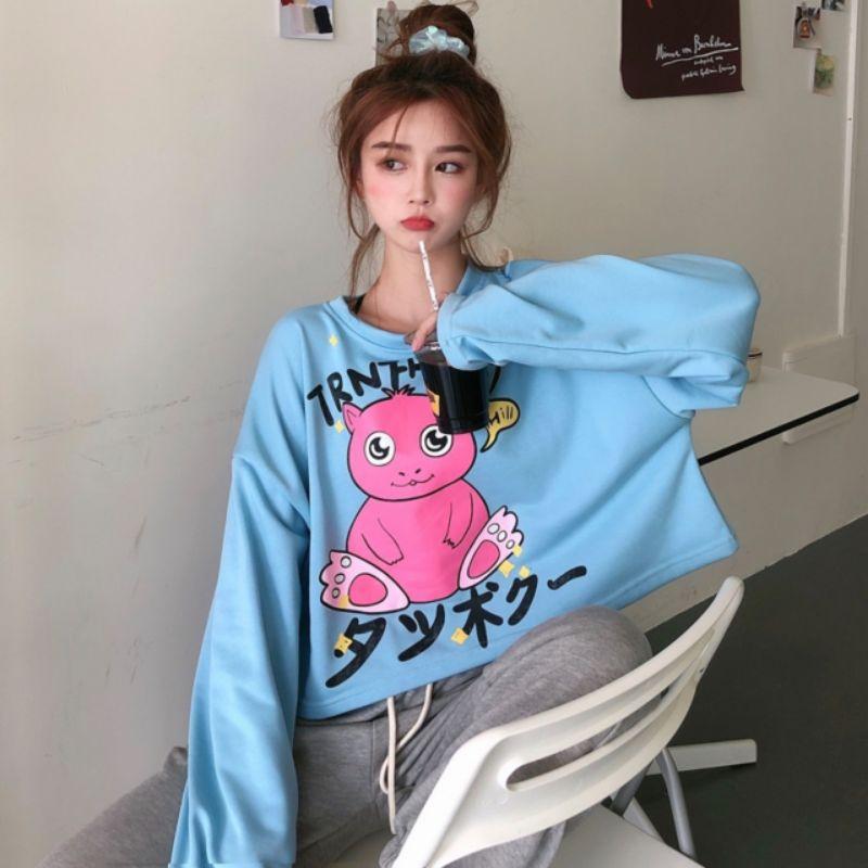 Áo croptop tay dài cotton hở eo 2 màu yêu tinh