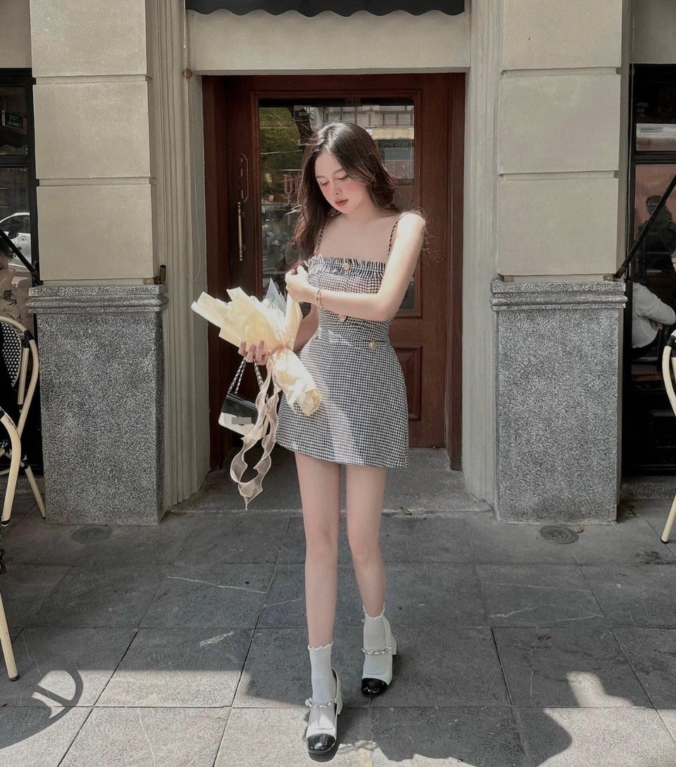 ĐẦM 2 DÂY CỔ U ÔM BODY CARO ĐEN VÁY NGẮN SUÔNG XÒE CHỮ A ĐI CHƠI NOEL ĐI TIỆC DẠO PHỐ ĐI BIỂN