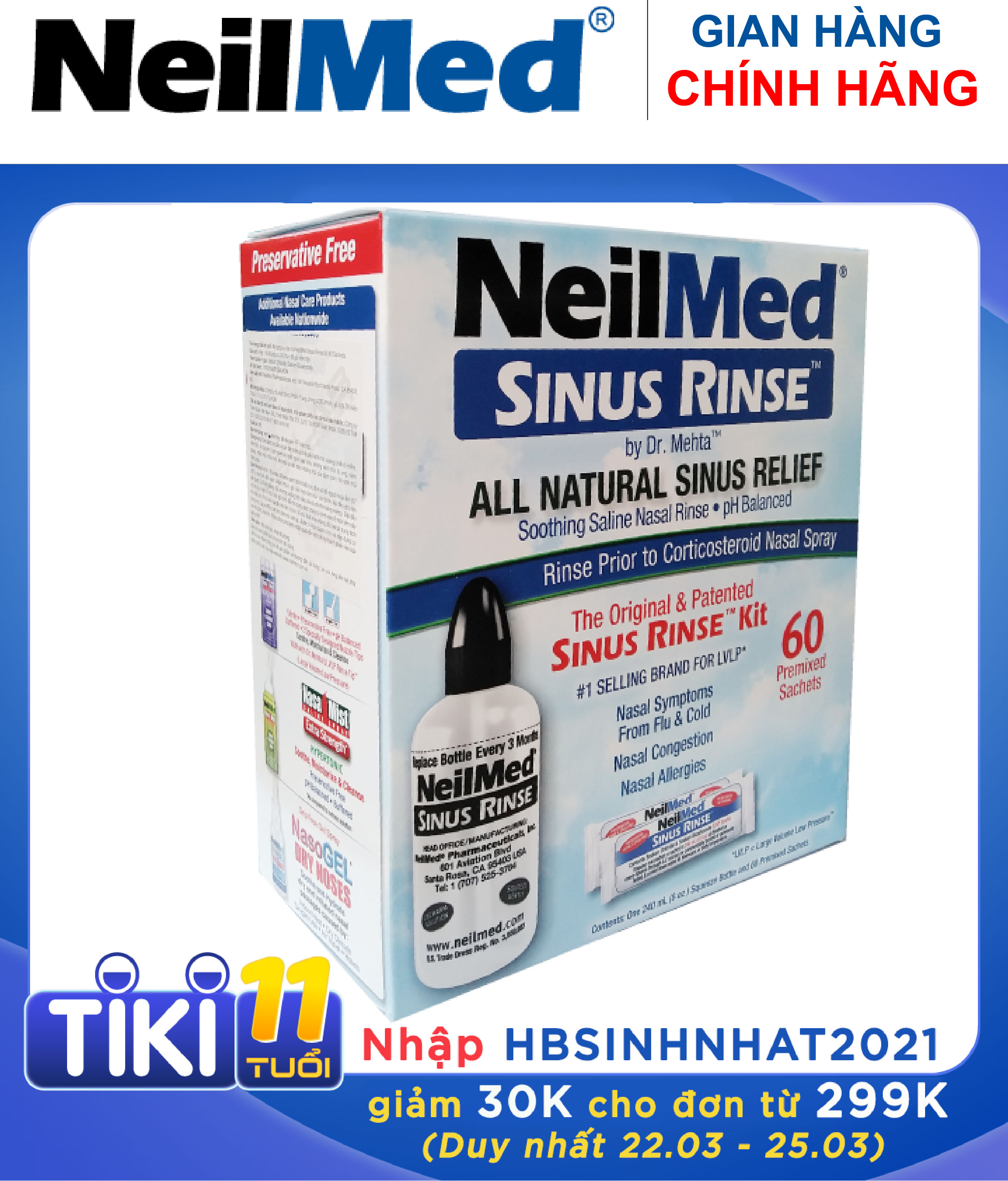 Bình (Bộ Dụng Cụ) Rửa Mũi Xoang Người Lớn NeilMed Sinus Rinse Kit 60 Sachets- xuất xứ Mỹ  (1 bình + 60 gói muối)