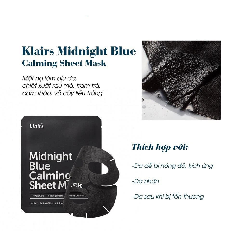 Mặt Nạ Giúp Làm Dịu, Phục Hồi Da Klairs Midnight Blue Calming Sheet Mask 25ml