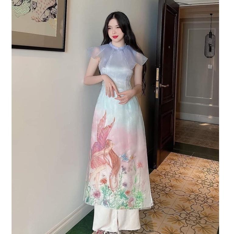Áo Dài Cách Tân Ngoc Cô Tiên ,Áo Dài In Hình Nàng Tiên Cách Hoa Cao Cấp