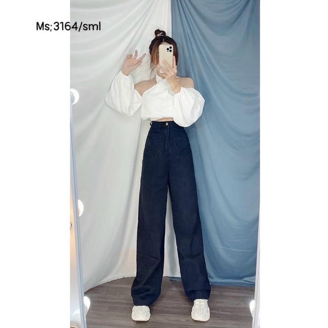 Quần Jeans Dài Ống Rộng Đen Lưng Cao Phối 2 Túi Q054