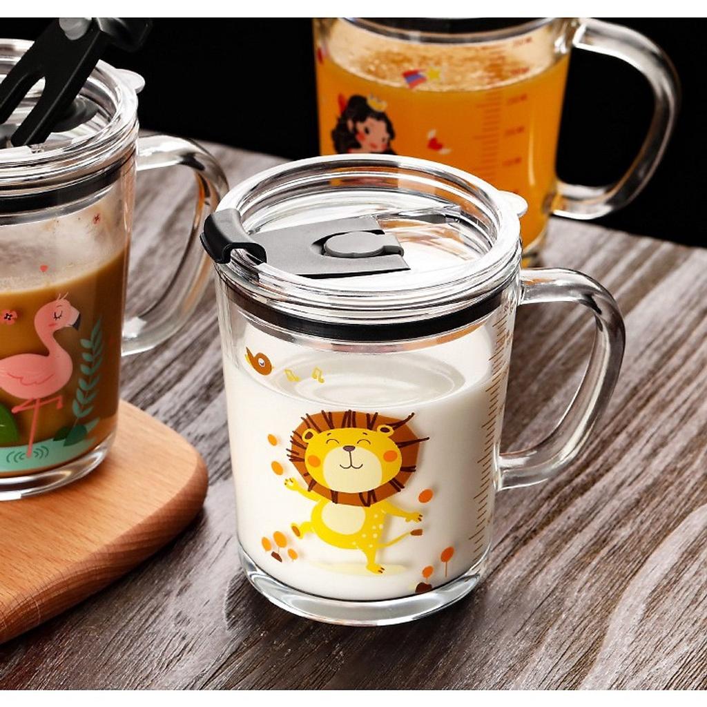 Cốc Pha Sữa Uống Nước Cốc Thuỷ Tinh Chịu Nhiệt Có Vạch Chia Dung Tích 400ML- Có Nắp Đậy Kín Chặt Kèm Ống hút Hút
