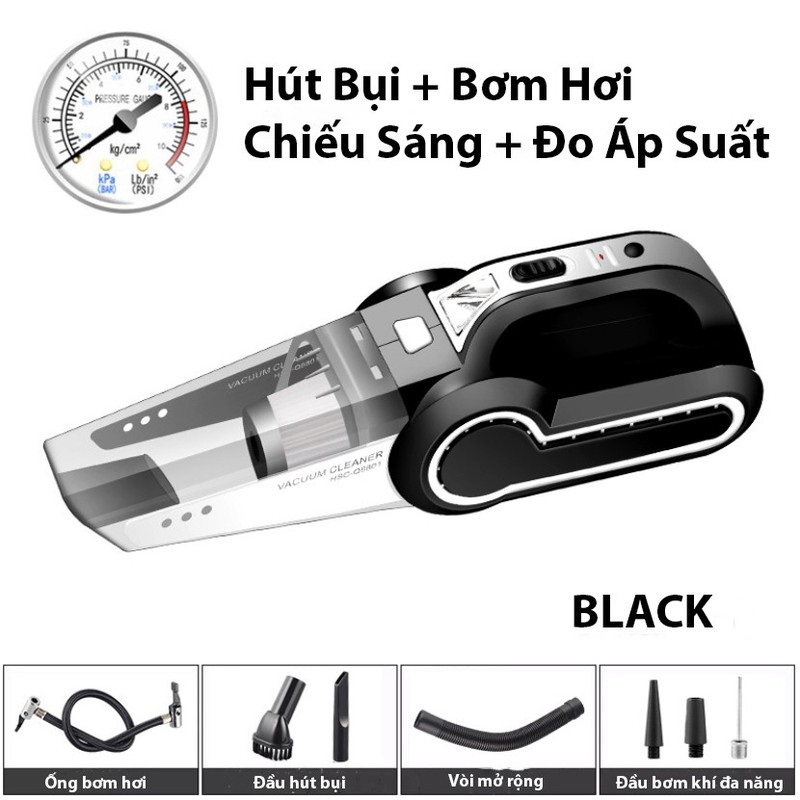 Máy Hút Bụi Và Bơm Lốp 4 Trong 1- Đèn Chiếu Sáng- Đo Áp Suất Lốp- Chiều Dài Dây 3,7m- Công Suất 120W- Tặng Kèm 4 Phụ Kiện Và Vòi Hút, K1014