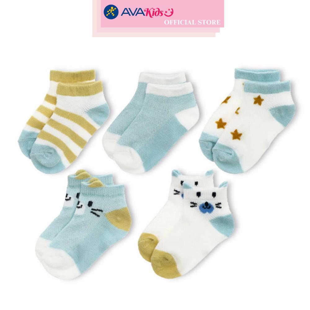 Set 5 đôi tất sơ sinh Á Châu màu xanh dương - trắng - vàng (1 - 2 tuổi)