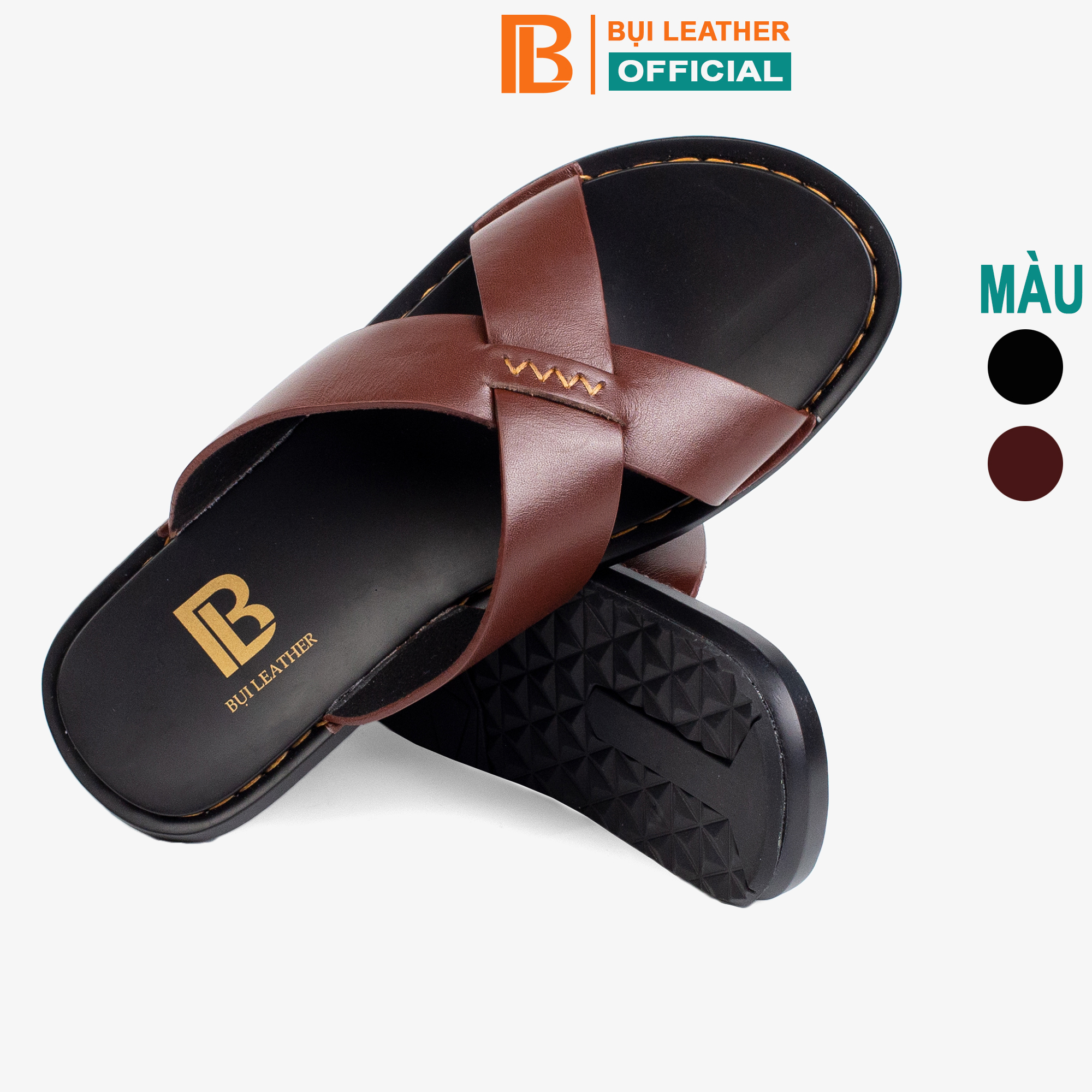 Dép Nam Quai Ngang Da Bò Nappa Cao Cấp Bụi Leather E103, Đế Đúc Nguyên Khối Khâu Viền Thủ Công Đi Êm Chân, Bảo Hành 12 Tháng - 42 - Nâu