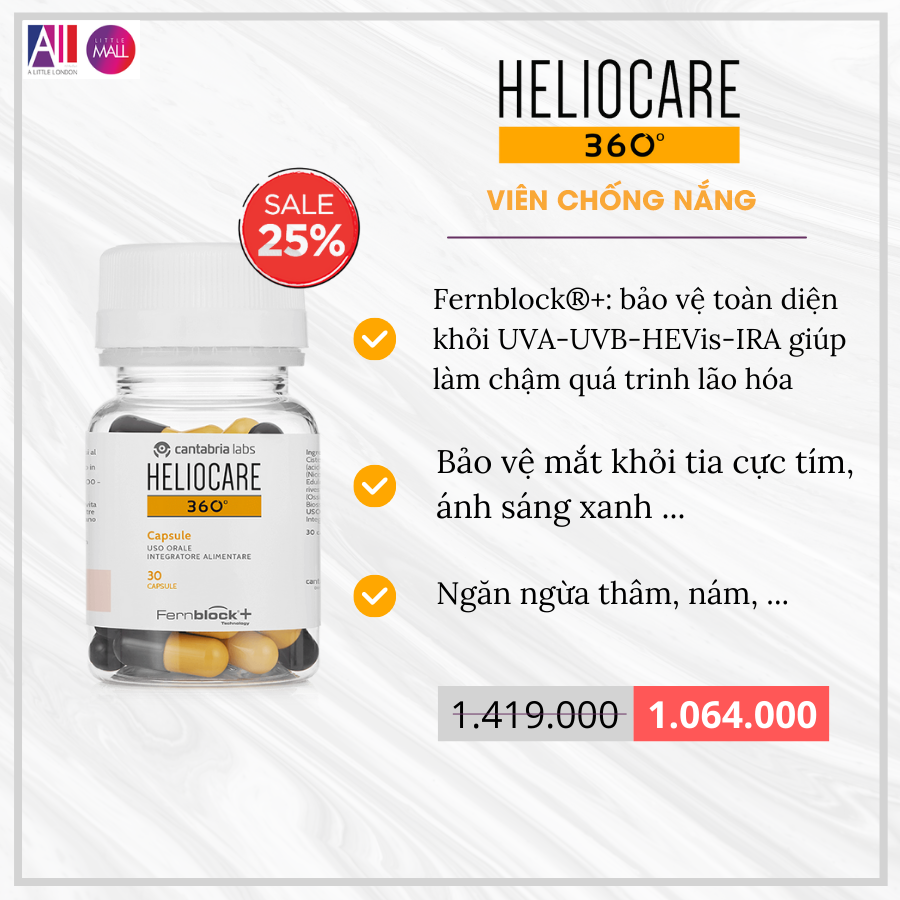 Viên uống chống nắng Heliocare 360° Oral 30 viên TẶNG Sample Heliocare (Nhập khẩu)