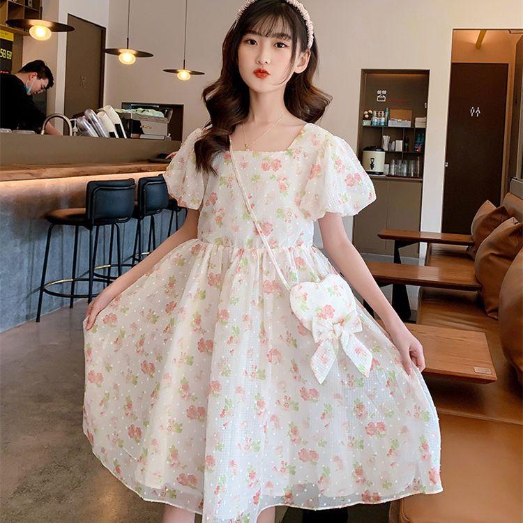 DONGSHOP HOT Cô gái mảnh hoa đầm mùa hè váy 2022 tây cô gái bong bóng tay áo nàng tiên váy váy công chúa trẻ em