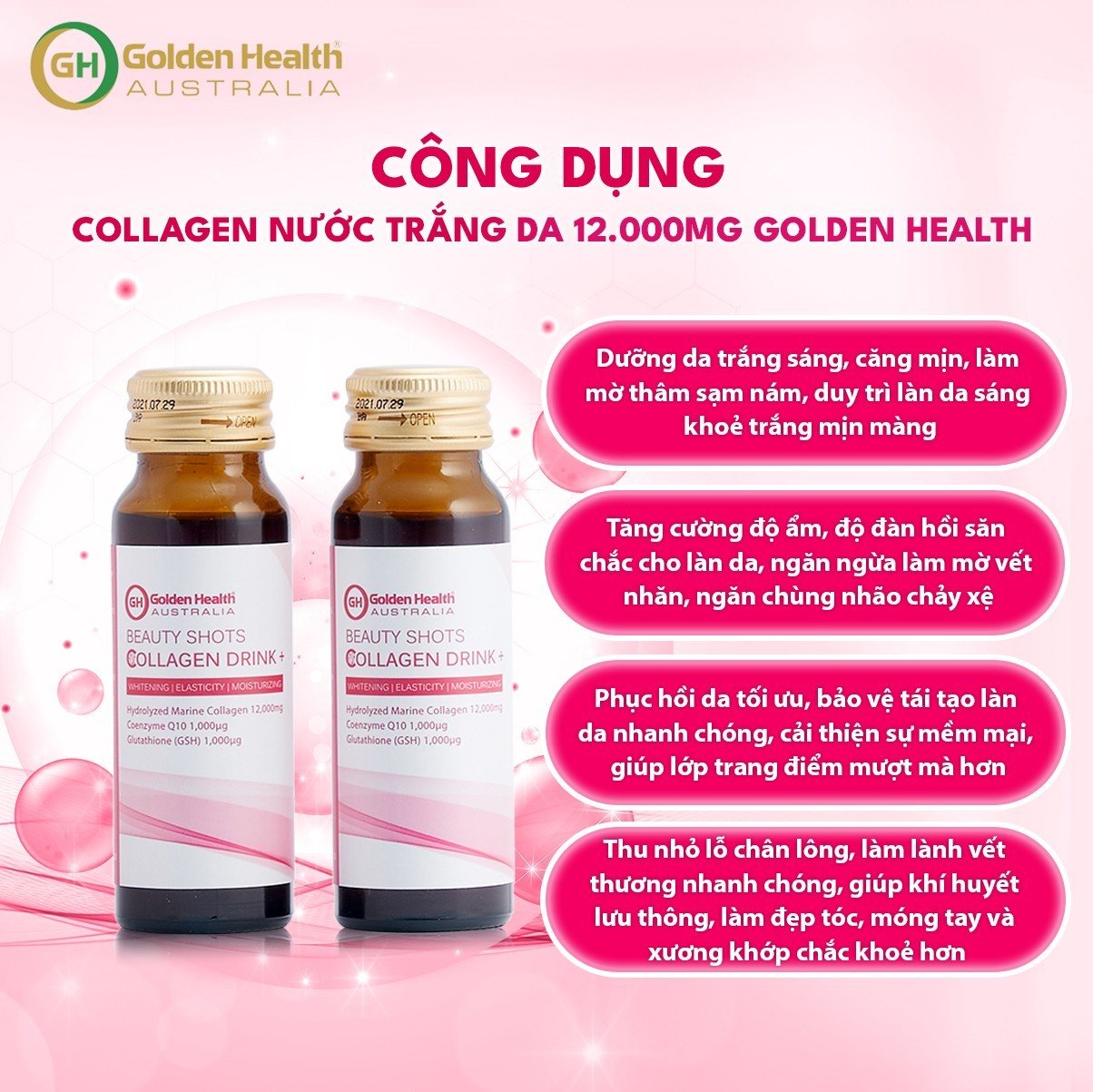 Nước Uống Trắng Da Collagen Golden Health Beauty Shots Collagen Drink Hộp10 Lọ x 50ml, Giúp Ngăn Ngừa Sự Hình Thành Các Nếp Nhăn, Giúp Tái Tạo Phục Hồi Da, Trẻ Hóa, Căng Mịn, Sáng Bóng Da