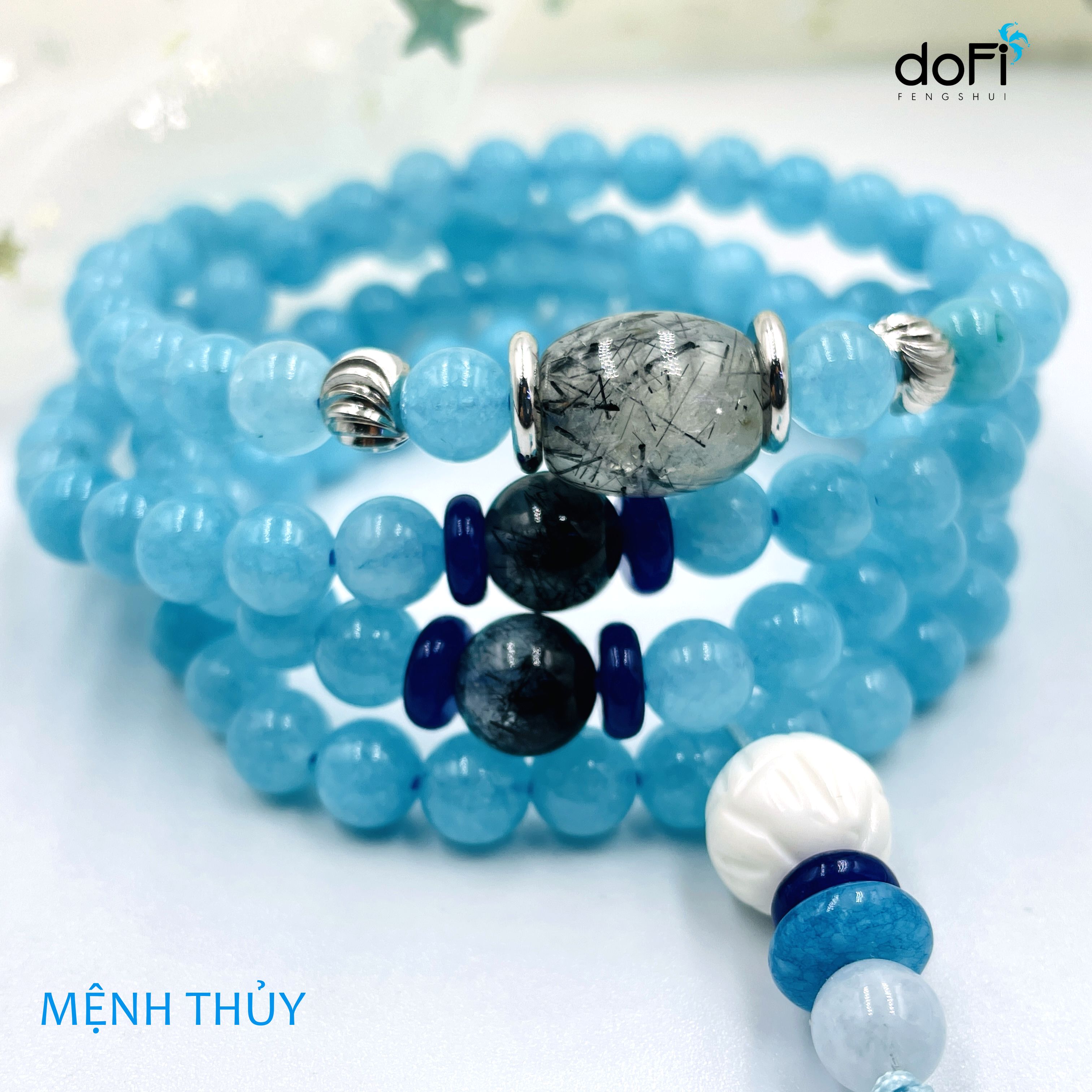TRÀNG HẠT ĐÁ AQUAMARINE 6LI PHỐI LU THỐNG THẠCH ANH TÓC ĐEN