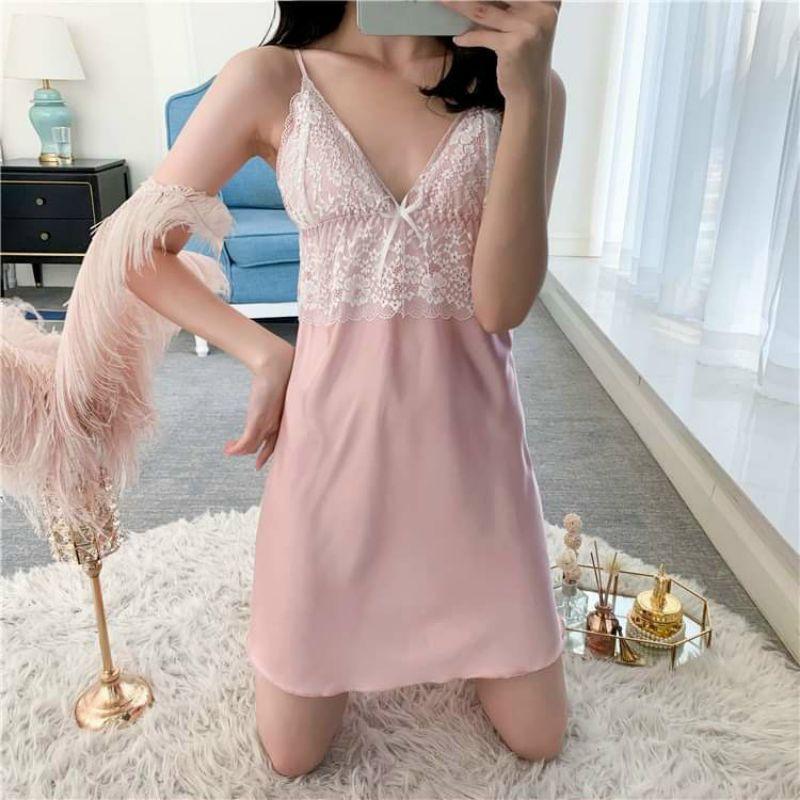 Váy ngủ,đầm ngủ lụa 2 dây phối ren cực xinh xắn kèm chip ren xinh xắn