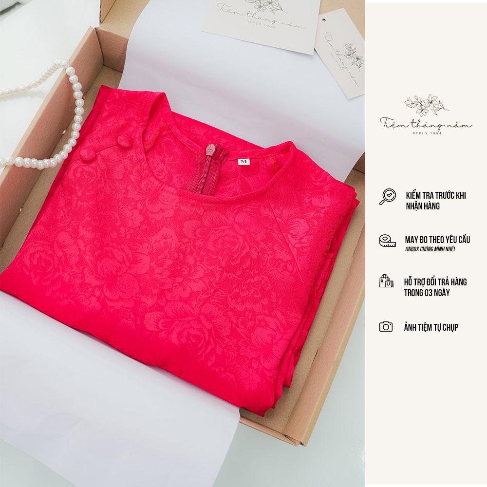 Áo dài Gấm Trà hoa - Màu Đỏ tươi