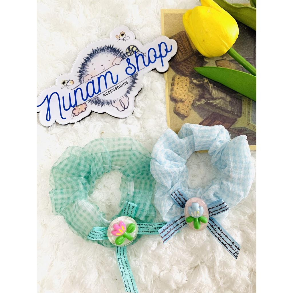 Cột tóc crunchies vải von lụa caro nơ hoa thời trang - Nunam shop đồ cột tóc đẹp, cute, cao cấp