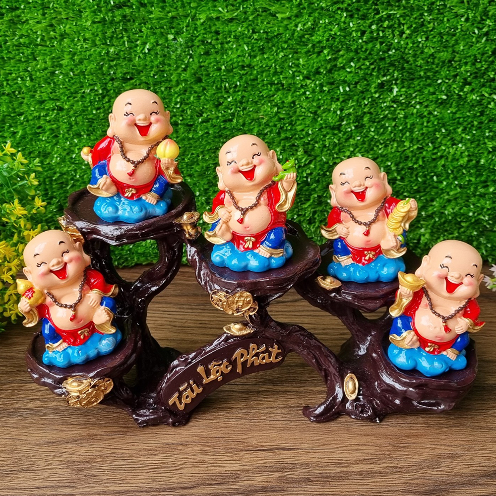 Bộ 05 tượng Di Lặc 7cm kèm chân đế Tài Lộc Phát - Ngũ Phúc Lâm Môn