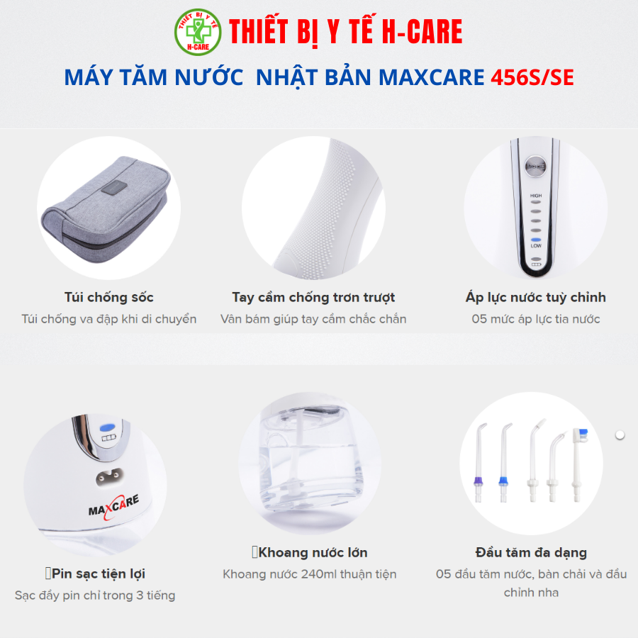 Máy tăm nước cầm tay vệ sinh răng miệng từ Nhật Bản chính hãng Maxcare Max456SE - khoang nước nhỏ gọn 240ml với túi chống sốc đi kèm, dễ mang mang đi, pin sạc dùng trong nửa tháng