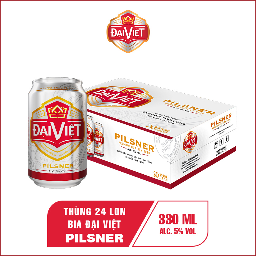 [Thùng (24) lon 330ml] Bia Pilsner Đại Việt, Bia vàng sản xuất theo luật bia tinh dòng của Bia Đức, không hóa chất, đậm vị đúng gu