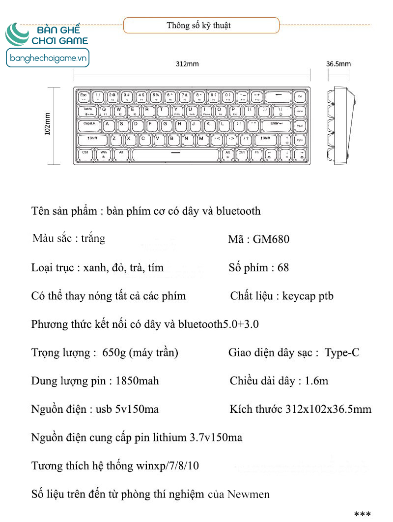 Bàn phím cơ không dây Bluetooth Newmen GM680 Jungle Hot Swap Outemu Switch (Blue/Brown/Red/Purple) - Hàng chính hãng