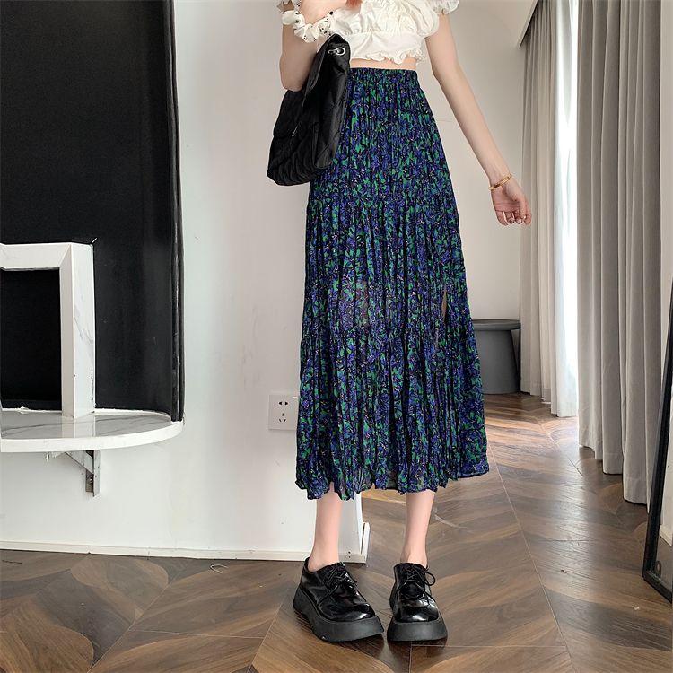 DONGSHOP Cao cấp hoa xẻ tà nửa người váy mùa xuân và mùa hè 2023 Vintage thả cảm thấy gầy váy xếp li một chữ dài váy
