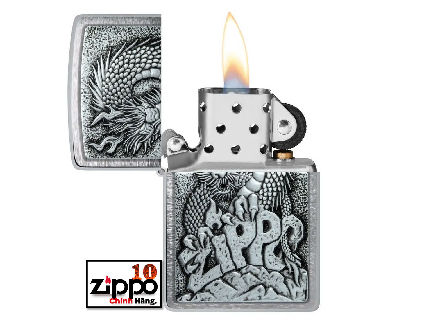 Bật lửa Zippo 48902 Zippo Dragon Emblem Design Brushed Chrome - Chính hãng 100%