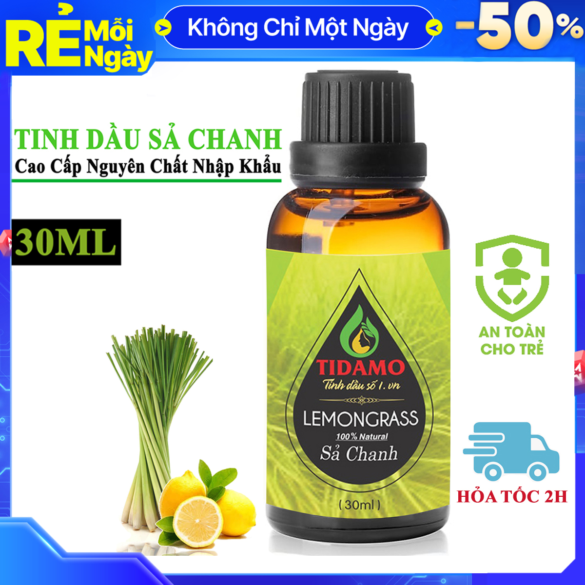 Tinh Dầu Sả Chanh Nguyên Chất Cao Cấp 30ML. Tinh Dầu Xông Phòng Sả Chanh TIDAMO (Lemongrass) Giúp Thanh Lọc Không Khí, Khử Mùi, Kháng Khuẩn, Đuổi Muỗi, Giải Cảm, Làm Đẹp