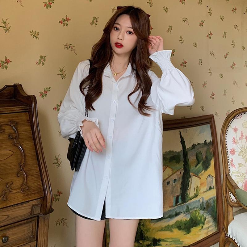 Áo Sơ Mi Nữ From Rộng Kiểu Công Sở Dài Tay Phồng Bo Chun Dáng Dài Hàn Quốc Vải Lụa Màu Trắng Cổ Đức Vintage MOLA