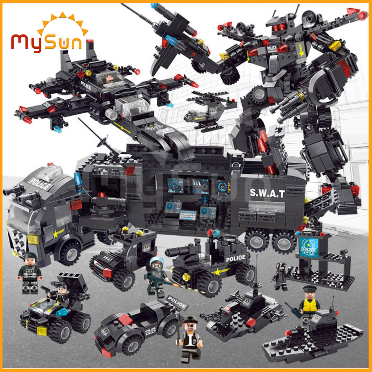 Bộ đồ chơi lắp ghép xếp mô hình lính đặc nhiệm, xe truck cảnh sát SWAT Police, máy bay trực thăng biến hình robot chiến đấu