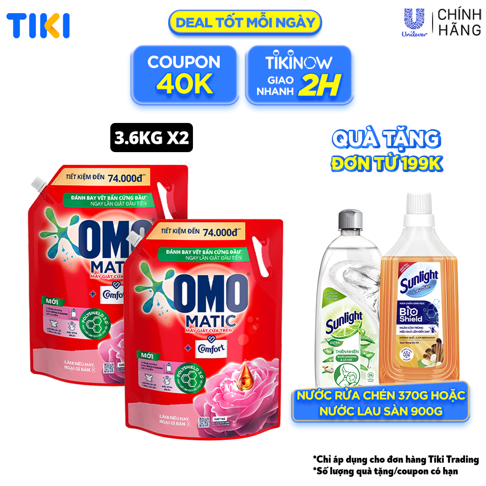 Combo 2 túi Nước giặt OMO Matic Comfort Hương Hoa Hồng Ecuador cho máy giặt cửa trên, túi 3.6kg