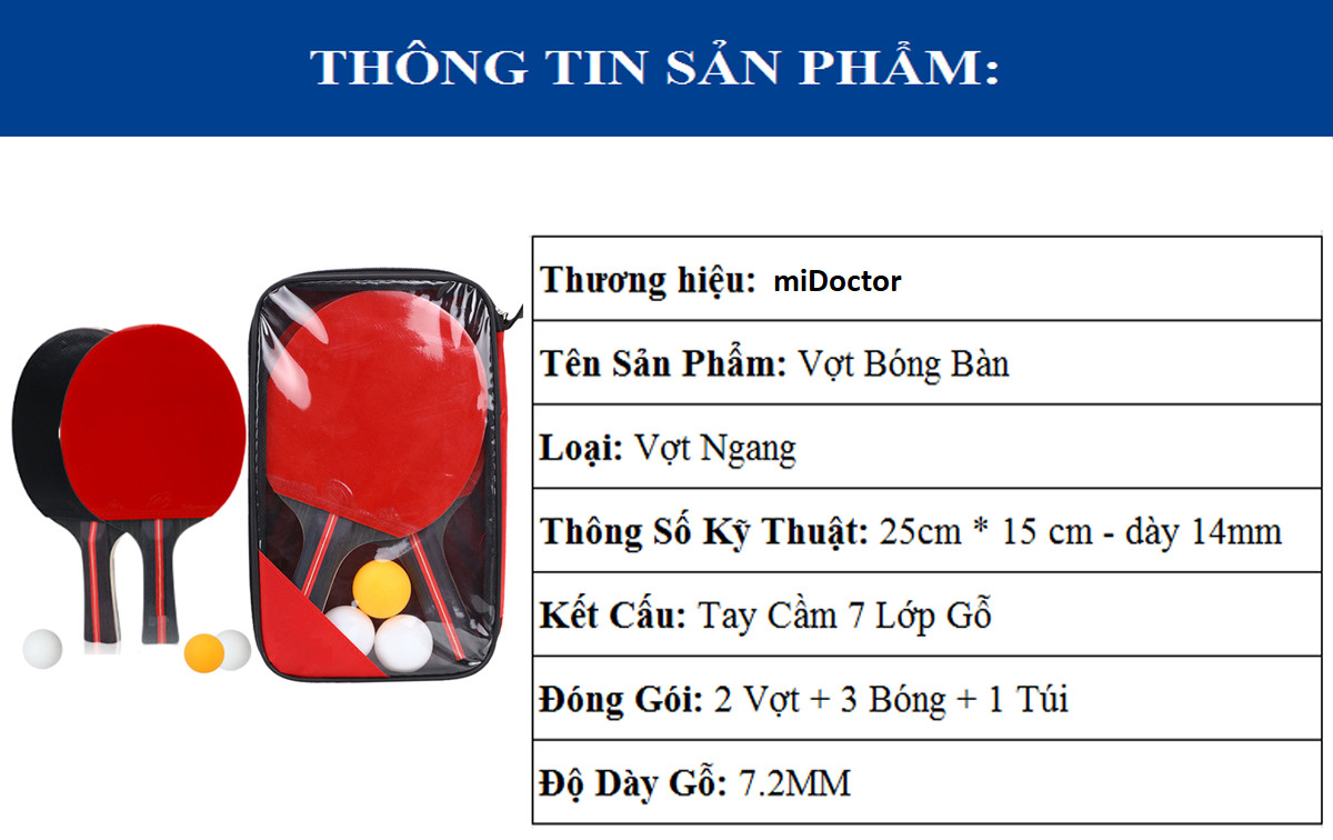 Bộ 2 Vợt Bóng Bàn Chính Hãng miDoctor + Túi Đựng Vợt Bóng Bàn + 3 Bóng