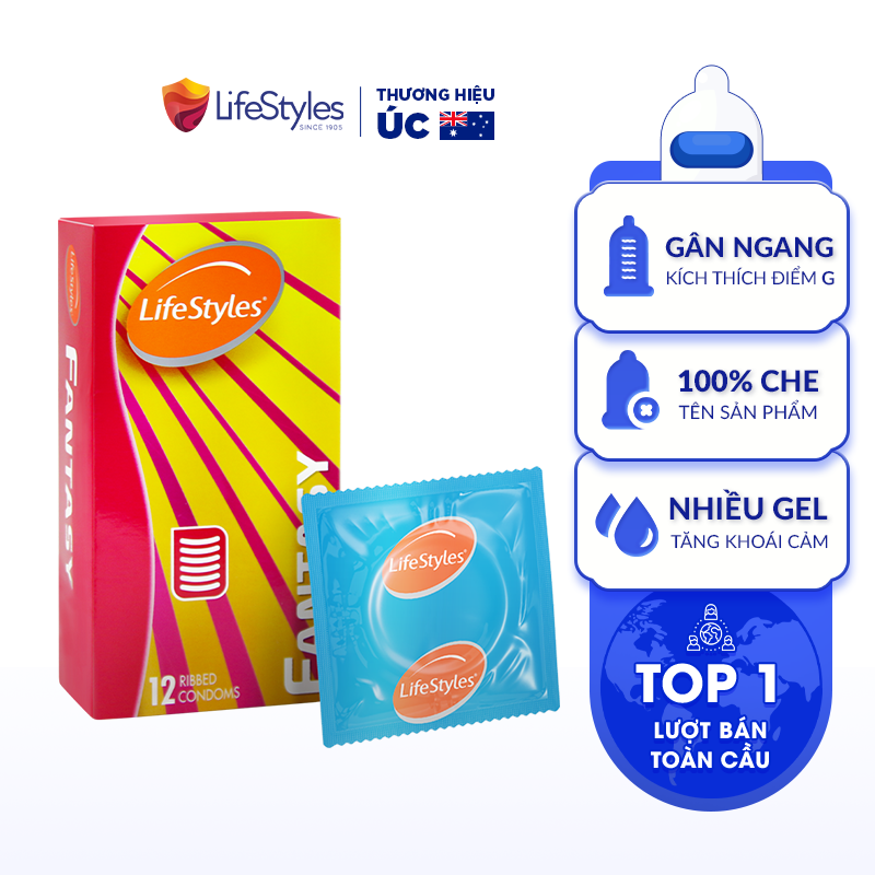 Bao cao su LifeStyles Fantasy Gân Ngang, Nhiều Gel Bôi Trơn tăng Khoái Cảm - Hộp 12 bao