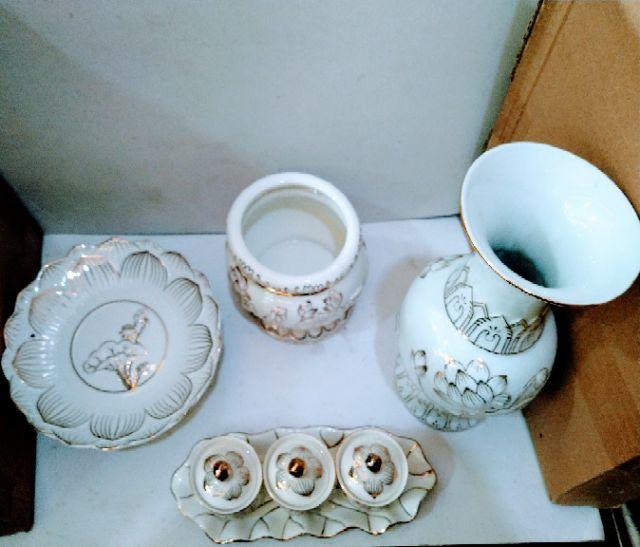 Bộ Sứ Thờ Bạch Ngọc hoa sen Lư hương 5 inch