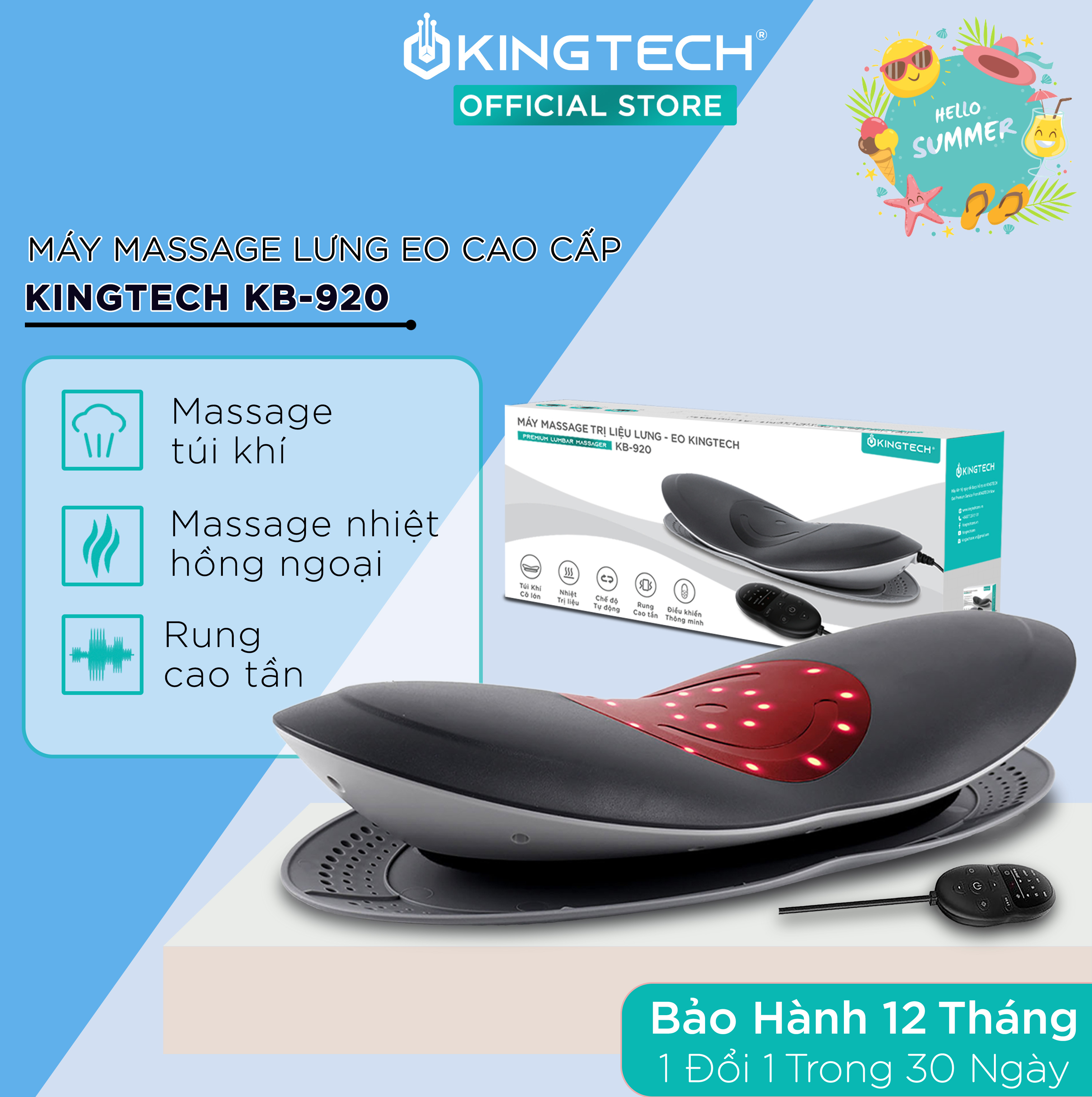 Máy Massage Lưng Cao Cấp Kingtech Kb - 920 - Mát Xa Thắt Lưng, Eo, Cột Sống - Hỗ Trợ Điều Trị Thoát Vị Đĩa Đệm, Thoái Hóa, Đau Đốt Sống, Vai Gáy - Tích Hợp Tính Năng Nhiệt Hồng Ngoại 45 - 65 Độ - Hàng Chính Hãng