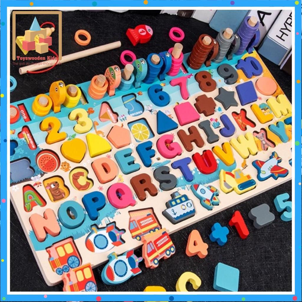Bộ đồ chơi gỗ giáo dục cho bé,Bảng chữ cái,số đếm,xếp hình khối gỗ nổi 3D 6 in 1