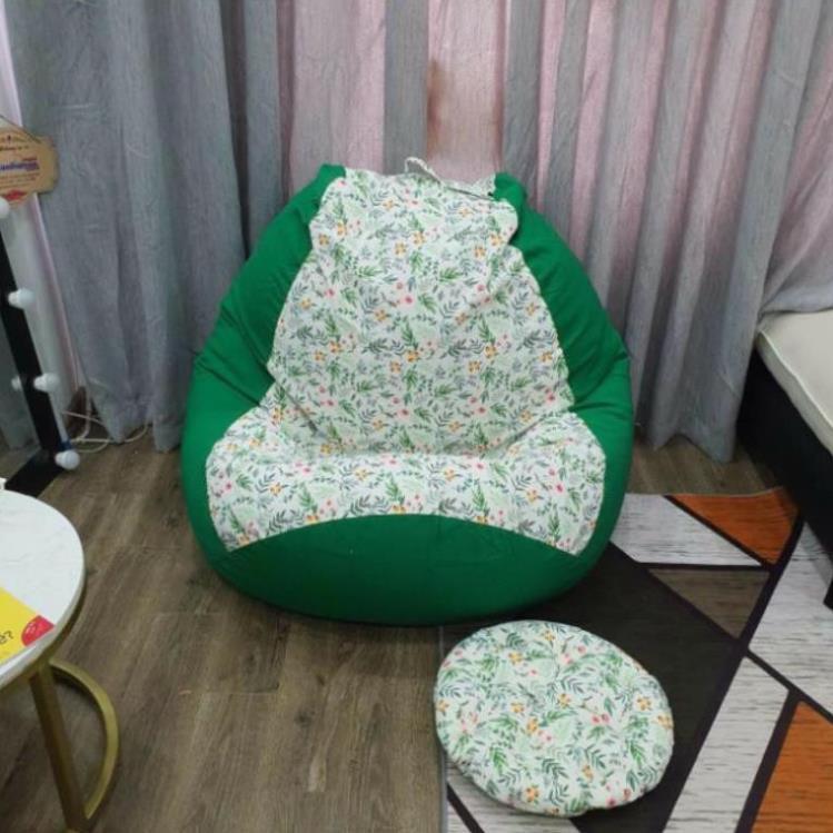 Ghế lười hạo tiết hoa hồng xanh Babykid, cỡ L, chất vải thô Nhật phối kaki chun màu xanh (đã có hạt xốp)