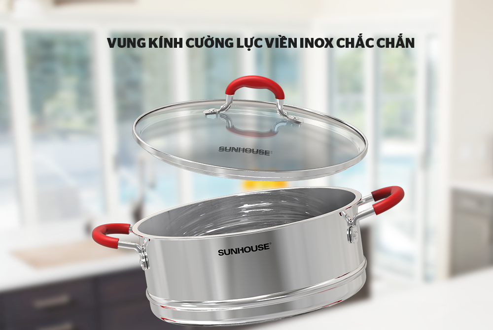 Bộ Nồi Luộc Gà Kèm Xửng Hấp Inox 5 Đáy Sunhouse SHG507-28 Size 28cm Đáy Từ Dùng Mọi Bếp - Hàng Chính Hãng