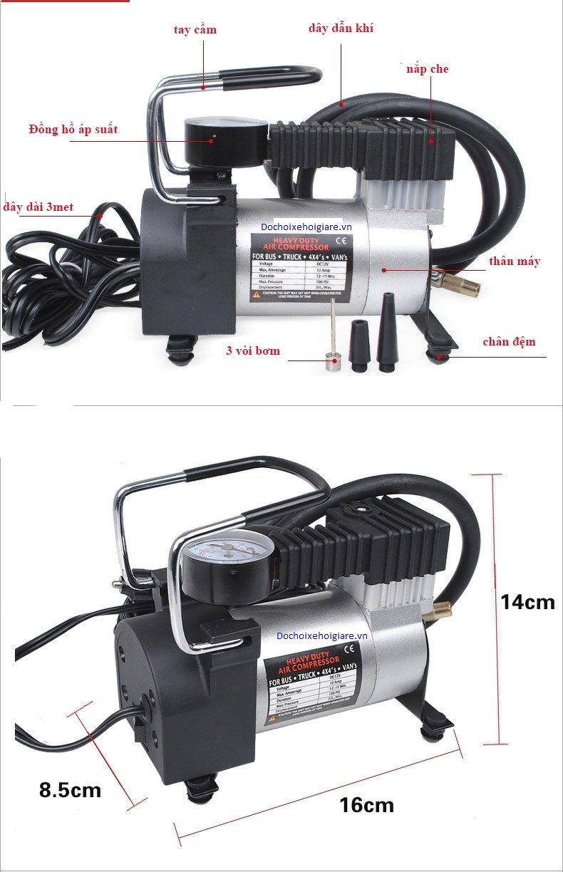 Máy bơm hơi ô tô 12V Mini Tặng Kèm 3 Đầu Kim Bơm