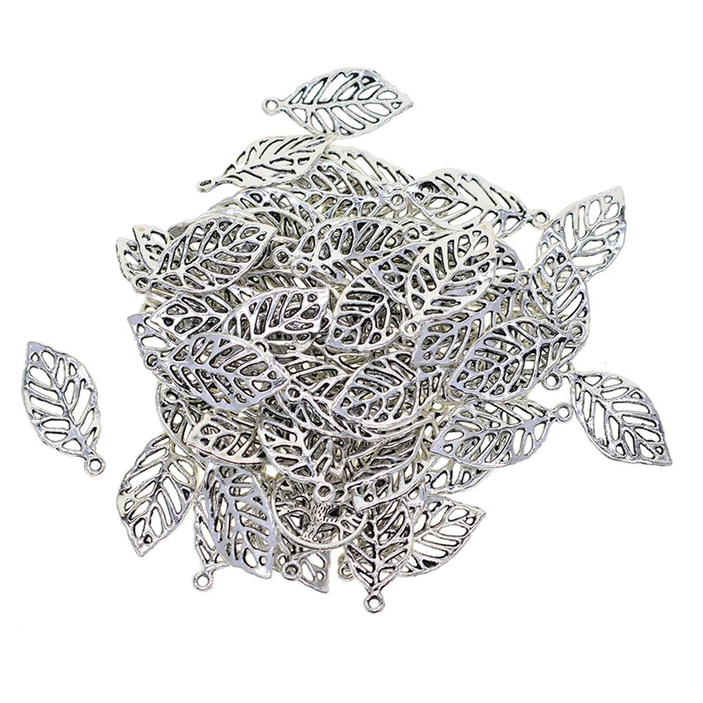 50 Pieces Filigree Leaf Charms Pendant Jewelry DIY Making Tibet Silver
