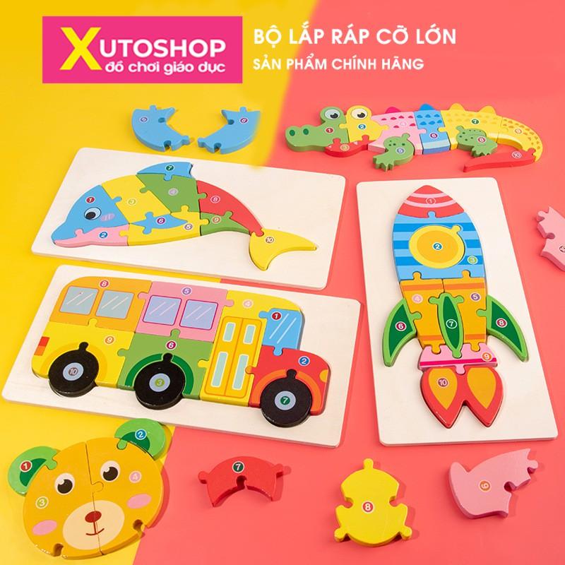 Đồ chơi gỗ - Tranh ghép hình khối gỗ nổi hình con vật 10 miếng XutoShop