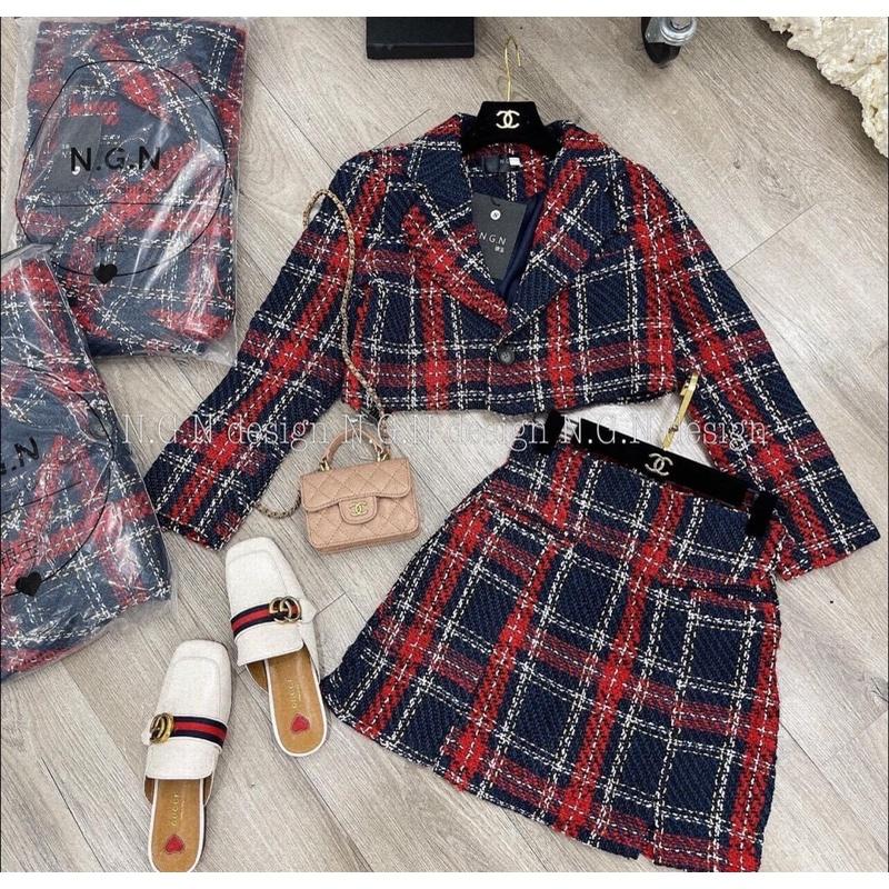 Set Dạ Kẻ Đỏ Áo Vest Mix Chân Váy Siêu Xinh Có Ảnh Thật Kèm Video