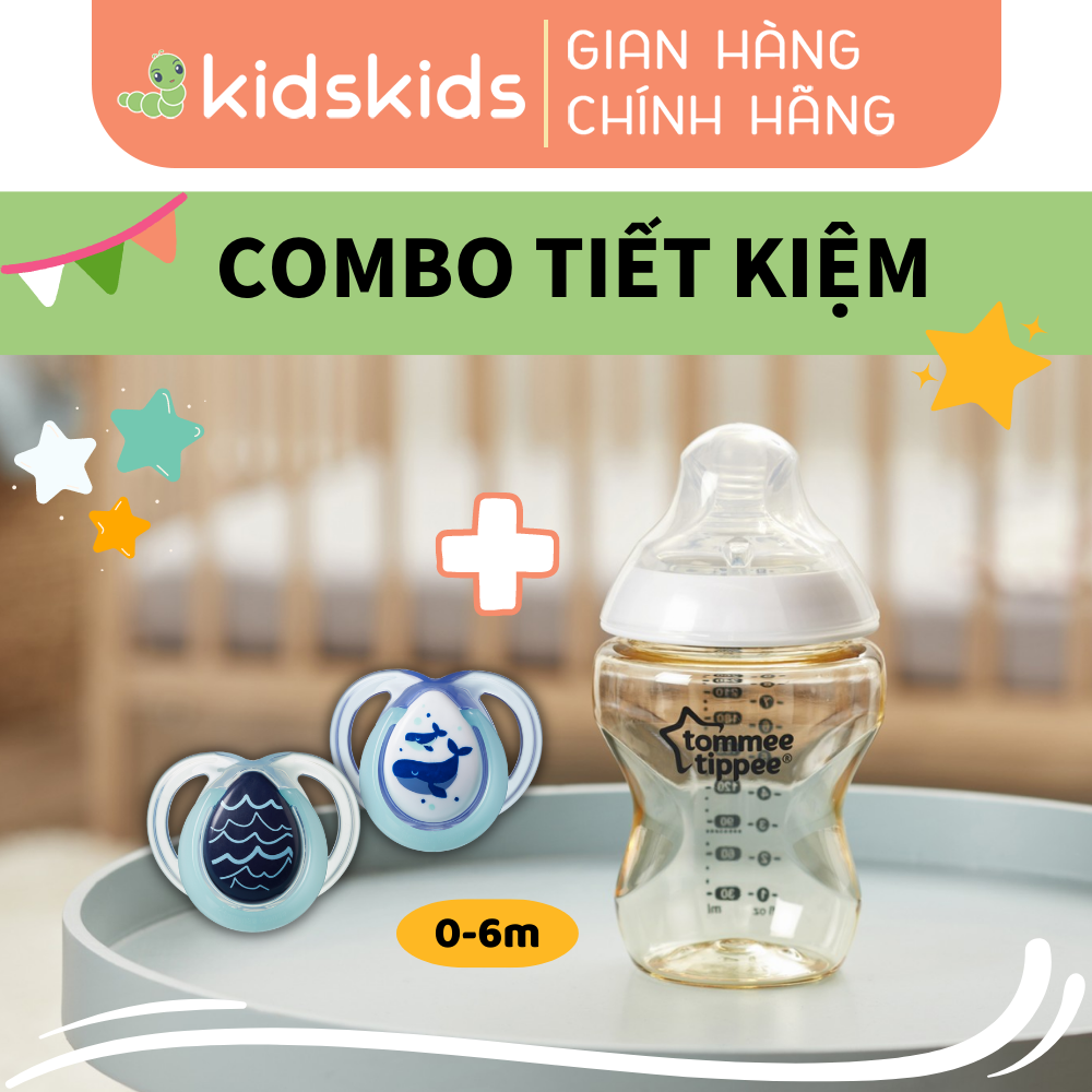 COMBO Ty Ngậm Dạ Quang Cho Bé Tommee Tippee Night Time 0-6m &amp; Bình Sữa PPSU Ty Siêu Mềm Tự Nhiên 150ml