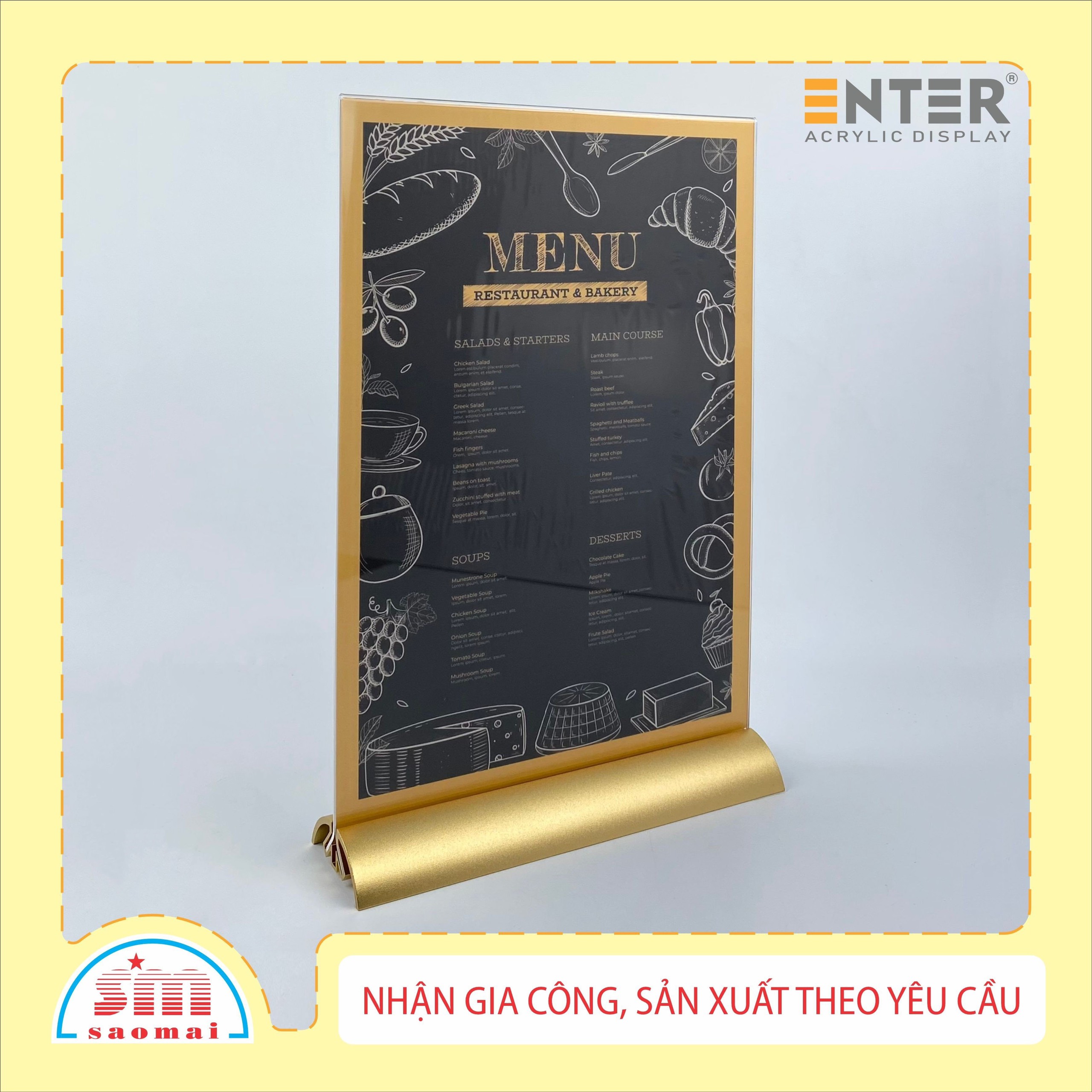 Kệ 2 mặt mica Enter E40 100x150mm đế nhôm cao cấp đen A6