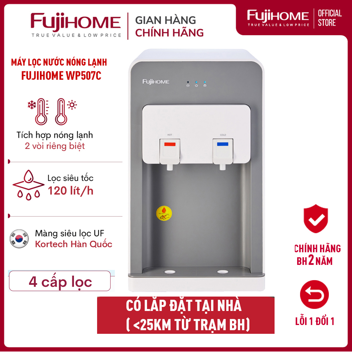 Máy lọc nước nóng lạnh để bàn cao cấp Fujihome WP507C, 4 cấp lọc với màng siêu lọc UF Kortech Hàn Quốc, làm lạnh bằng Block- Hàng Chính hãng