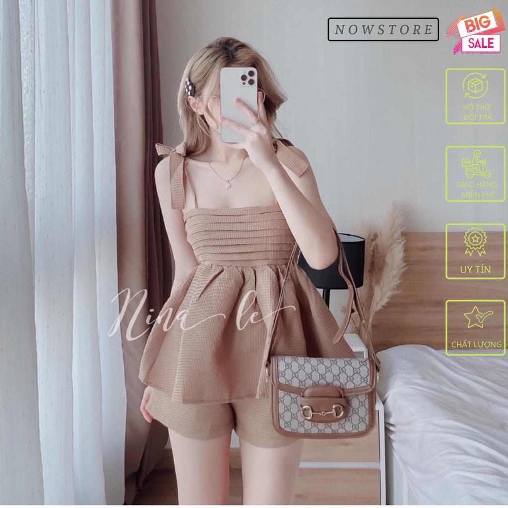 Set Áo Nữ 2 Dây Nơ Vai Xếp Ly Xòe Kèm Quần Short Vải Xốp