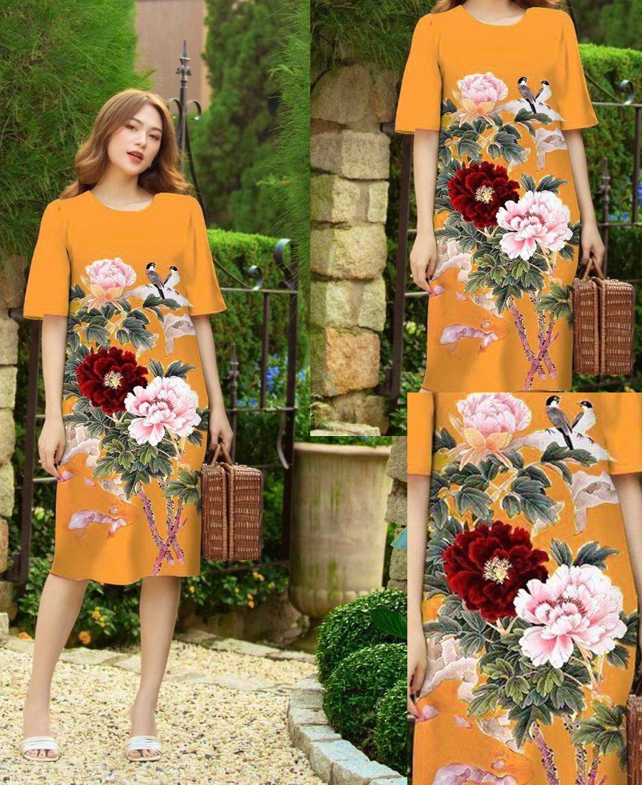 Đầm suôn Lady in hoa mẫu đơn sang trọng D064- Lady Fashion